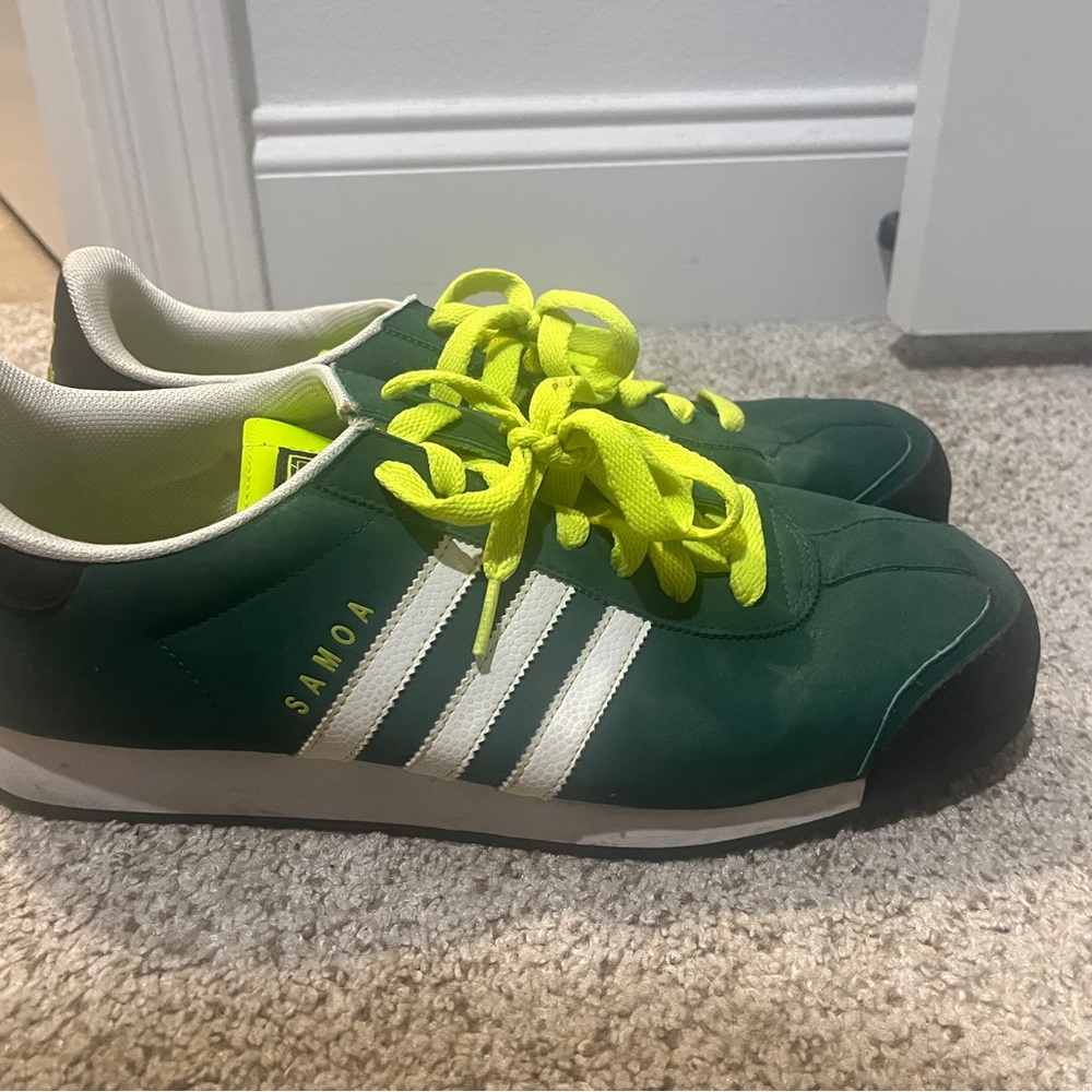 Adidas Samoa Green and White Sneakers with Neon Laces